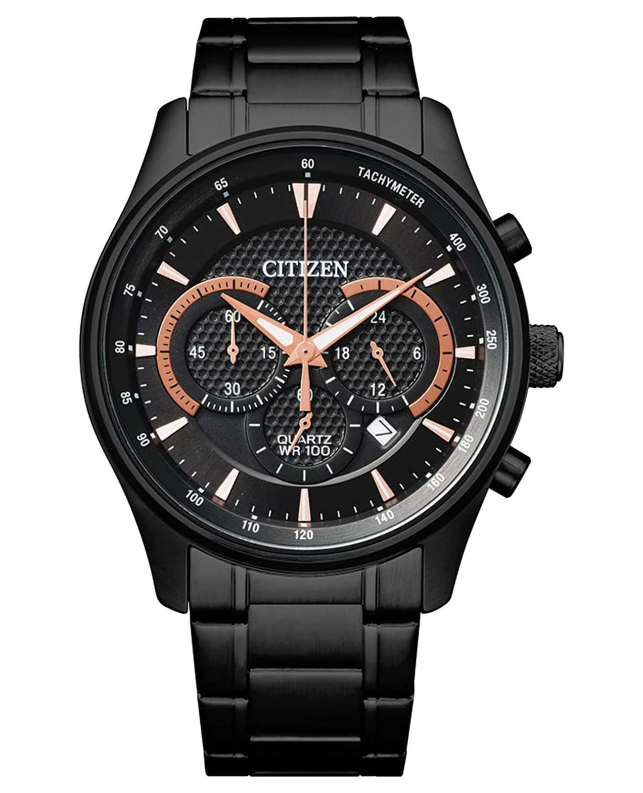 Citizen Citizen Chronograph AN8195-58E  AN8195-58E кварцевые мужские часы черный циферблат, браслет нержавеющая сталь с ip-покрытием — вид спереди