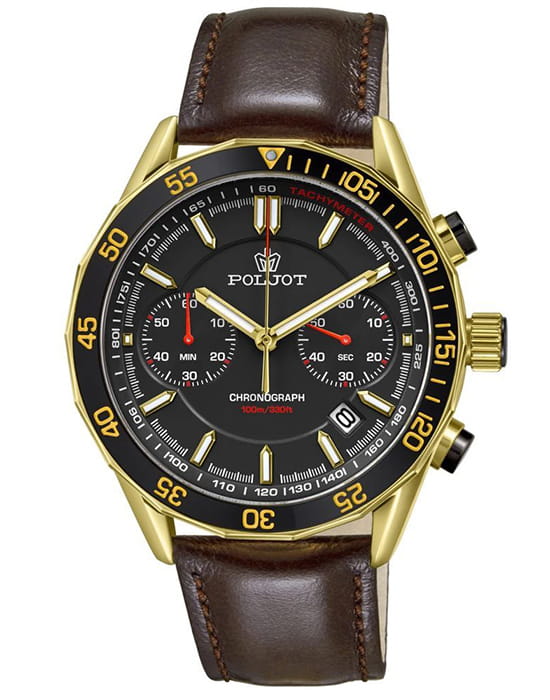 Полет Полет Ладога 6S21.186251  6S21.186251 кварцевые мужские часы черный циферблат, браслет кожаный — вид спереди