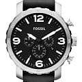 Fossil Fossil Nate Chronograph JR1436  JR1436 кварцевые мужские часы черный циферблат, браслет кожаный — вид спереди